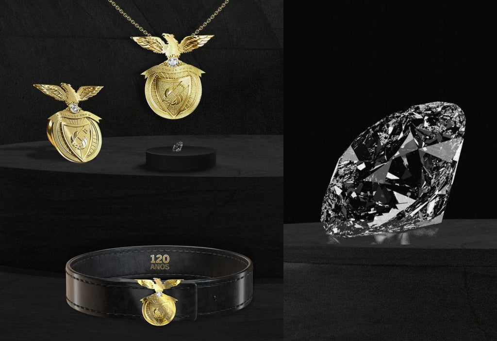 Colección Diamantes da Luz 1.00 quilate: Diamante, colgante, insignia y pulsera con el escudo S.L. Benfica acabado en oro 18K y un diamante engastado en su centro.