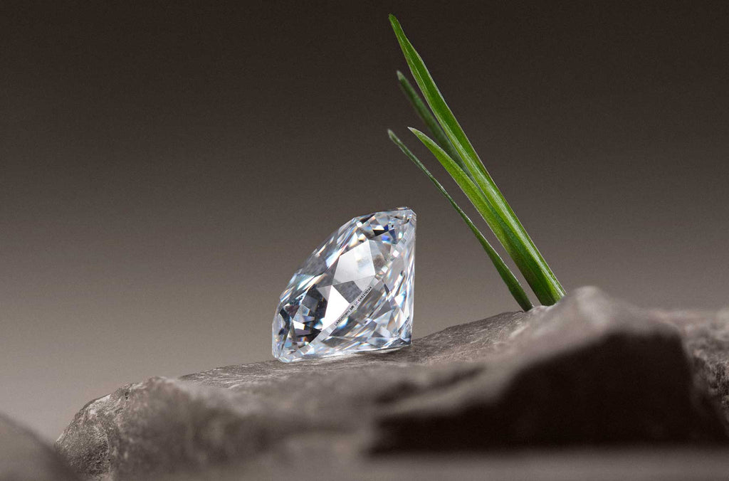 El diamante de 1.00 quilate de la colección Etern Spotify Camp Nou, reposa sobre una piedra con tres hojas de césped de fondo. La presentación de máxima calidad resalta la belleza del diamante, que brilla intensamente en su entorno natural..